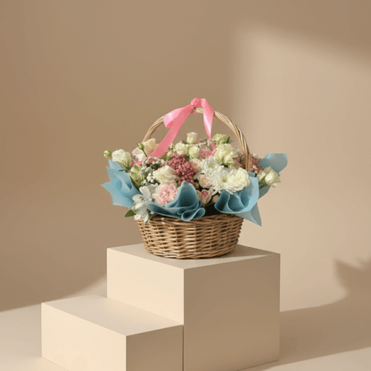 Pastel Blossom Basket Arrangement Dubai – Elegant Flower Gift premium design