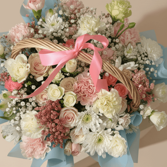 Pastel Blossom Basket Arrangement Dubai – Elegant Flower Gift premium design