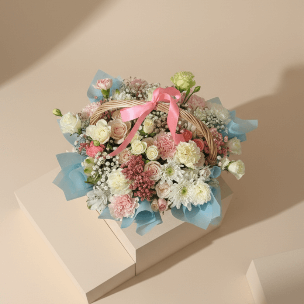 Pastel Blossom Basket Arrangement Dubai – Elegant Flower Gift premium design