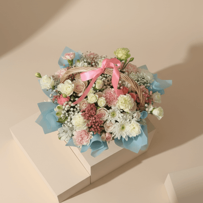 Pastel Blossom Basket Arrangement Dubai – Elegant Flower Gift premium design