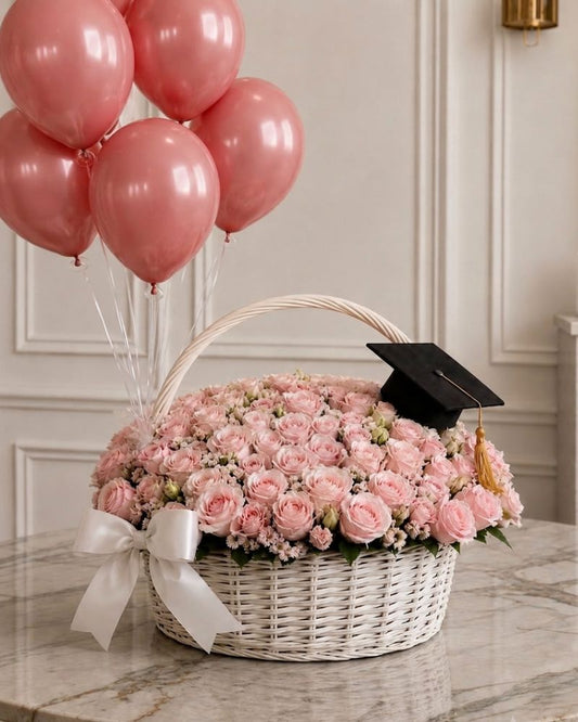Graduation Pink Rose Basket with Balloons