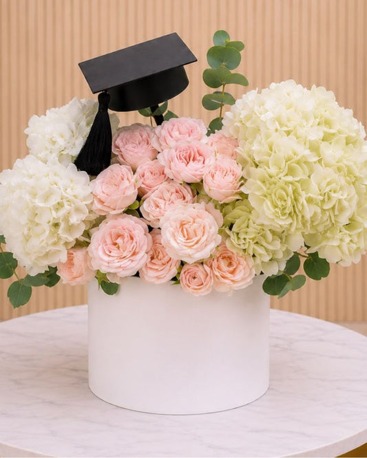 Graduation Hydrangea & Blush Rose Hat Box