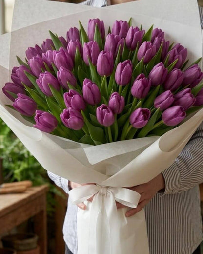Elegant purple tulip bouquet wrapped beautifully for premium flower delivery in Dubai and UAE