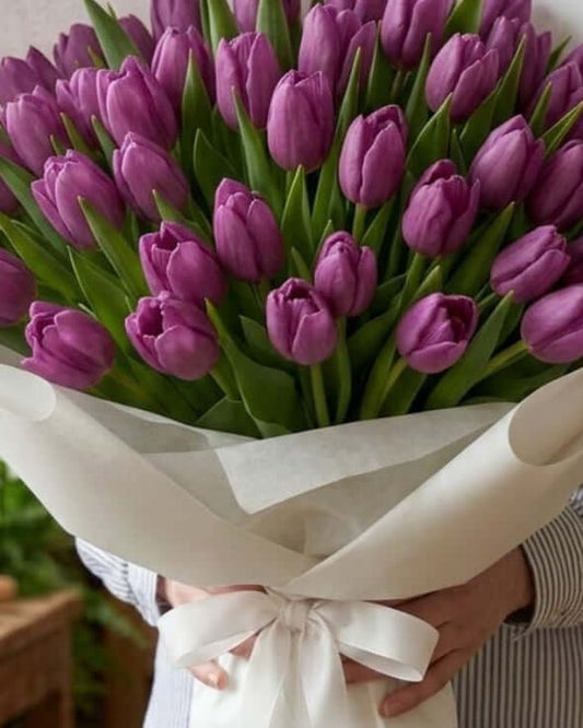 Elegant purple tulip bouquet wrapped beautifully for premium flower delivery in Dubai and UAE