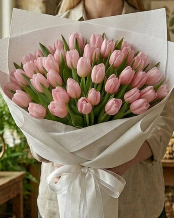 Stunning Pink Tulip Bouquet with White Wrapping delivered fresh in Dubai.
