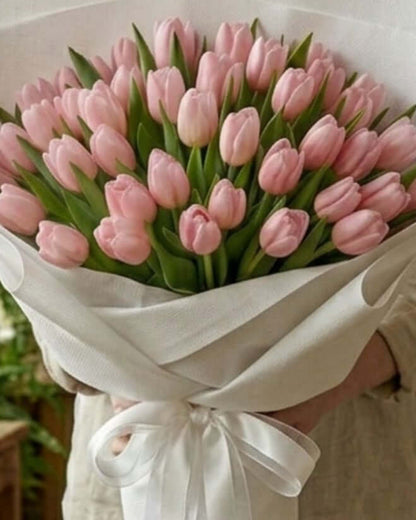 Pink Tulip Bouquet with white wrapping, showcasing 50 fresh pink tulips arranged elegantly.
