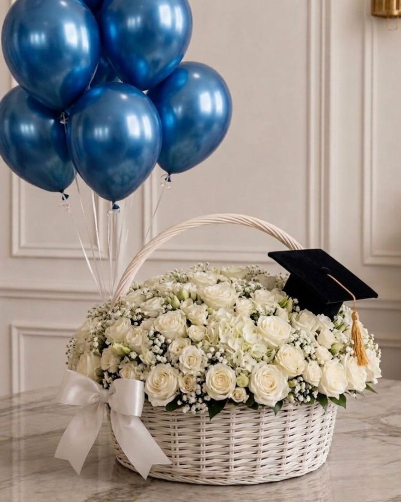Luxury White Graduation Flower Basket with Balloons