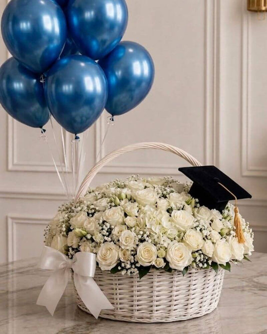 White Graduation Flower Basket with Balloons